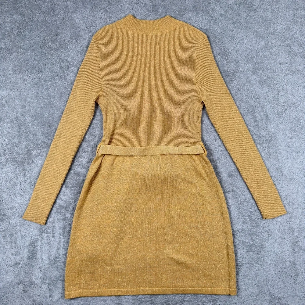 Free People Gold Lurex Ribbed Knit Belted Mini Dress Small French Girl Mock Neck
